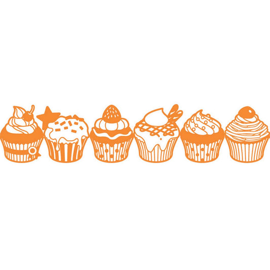 Row of six cupcakes stamped in orange line art, each with a different topping including a cherry, a star, a strawberry and a bow