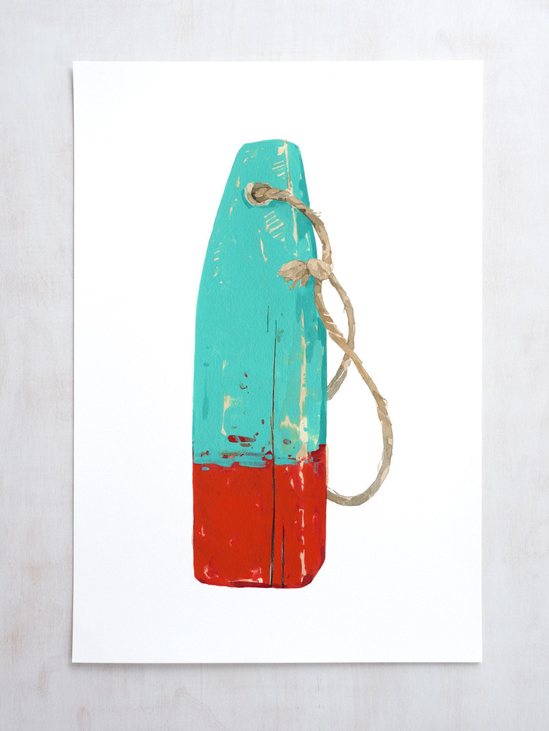Watercolor print of a teal and red lobster buoy, matted to 11 by 14 inches