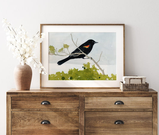 Watercolor print of a red-winged blackbird with scarlet shoulder patch, matted to 11 by 14 inches