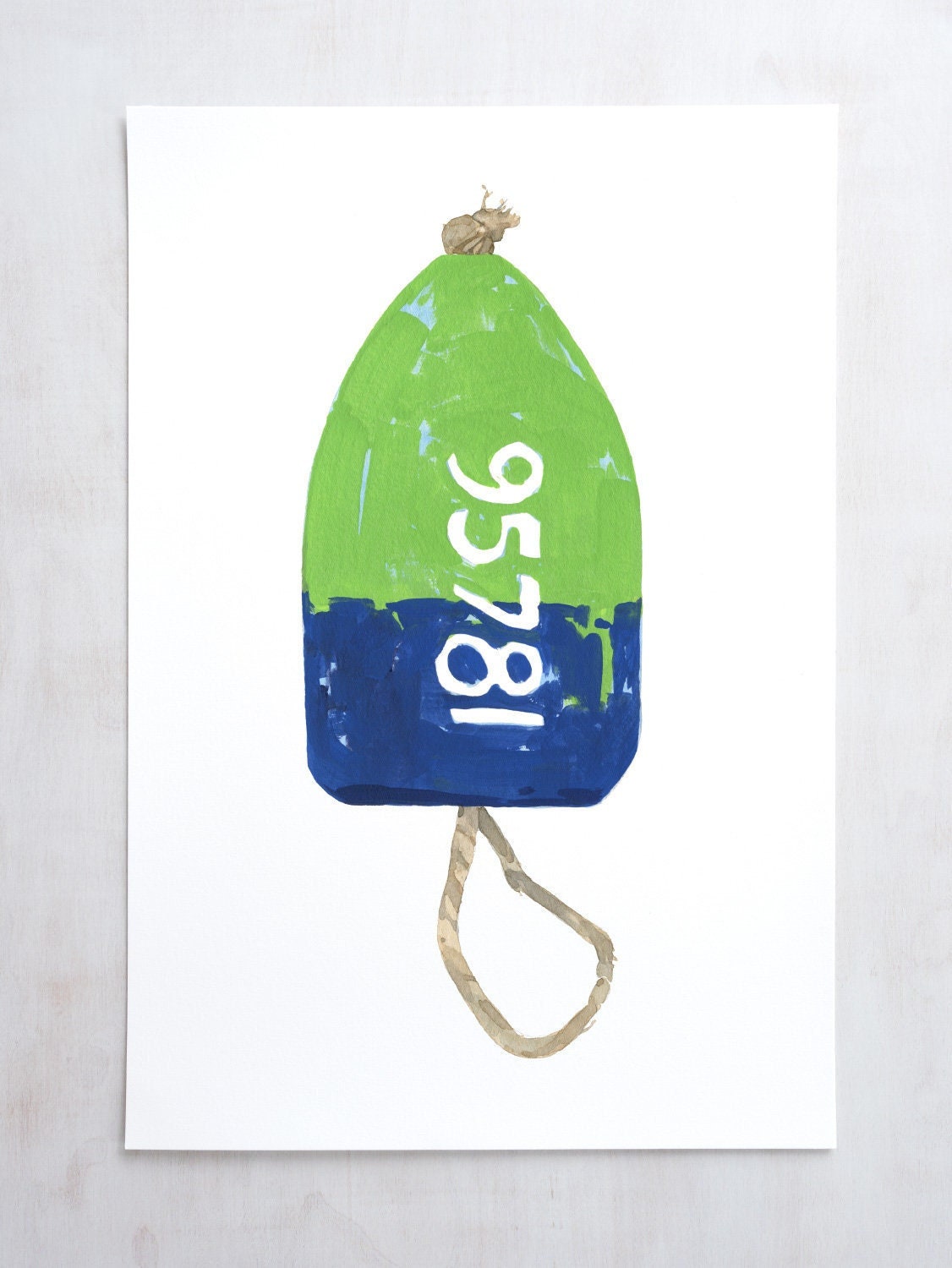 Watercolor print of a green and navy lobster buoy, matted to 11 by 14 inches