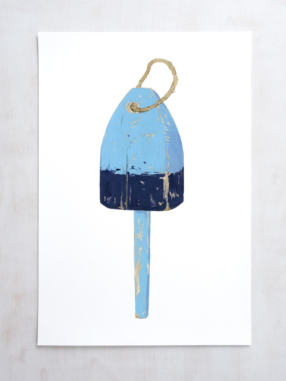 Watercolor print of a blue and navy lobster buoy, matted to 11 by 14 inches