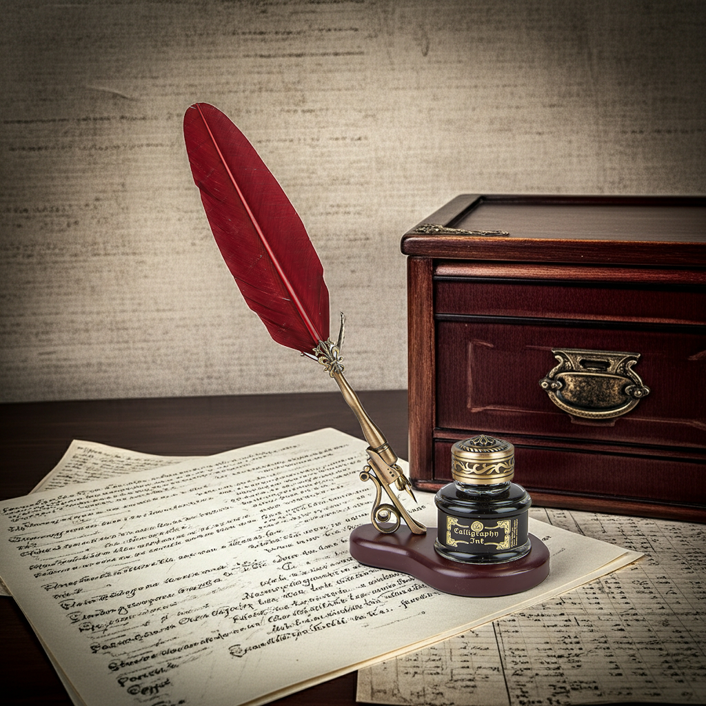 Feather Quill Pen Desk Set with Vintage Wood Stand, Bronze Pen Holder & Calligraphy Inkwell
