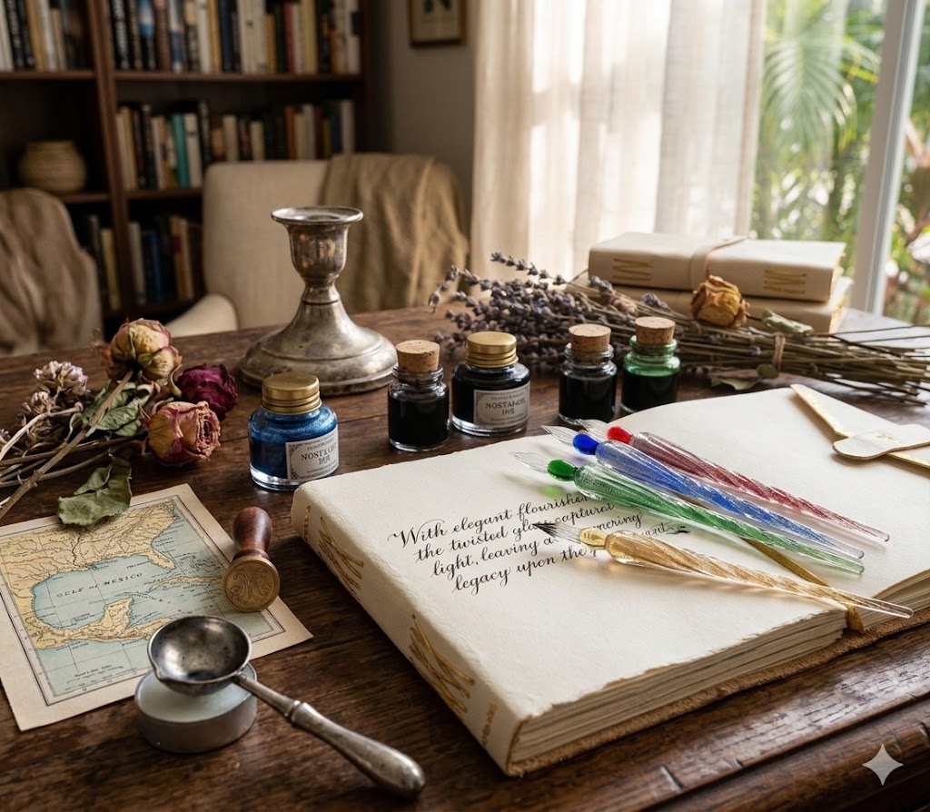 Glass Dip Pen and Ink Set – Venetian Style Calligraphy Pen with Shimmering Spiral Handle and Premium Writing Ink