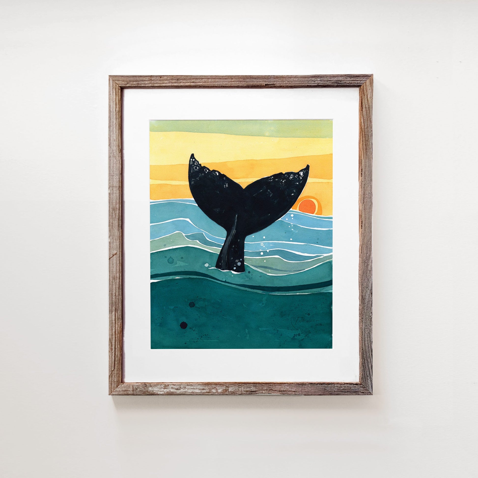 Watercolor print of a whale tail rising from turquoise and green waves with an orange sun on the horizon