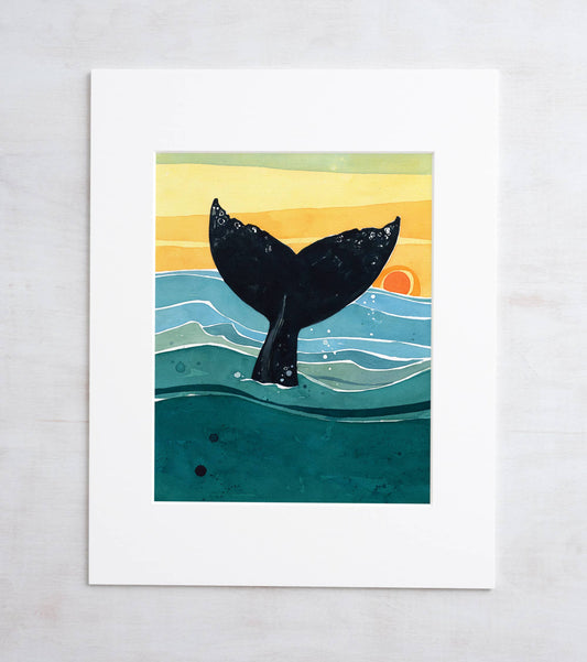 Whale Tail Sunset Watercolor Art Print: 8x10 (11x14 mat)