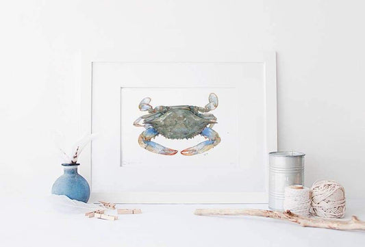 Blue Crab Watercolor Art Print, Coastal Decor, Crab Wall Art: 8x10 (11x14 mat)