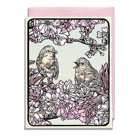 Robins in Cherry Blossoms with Pink Envelope